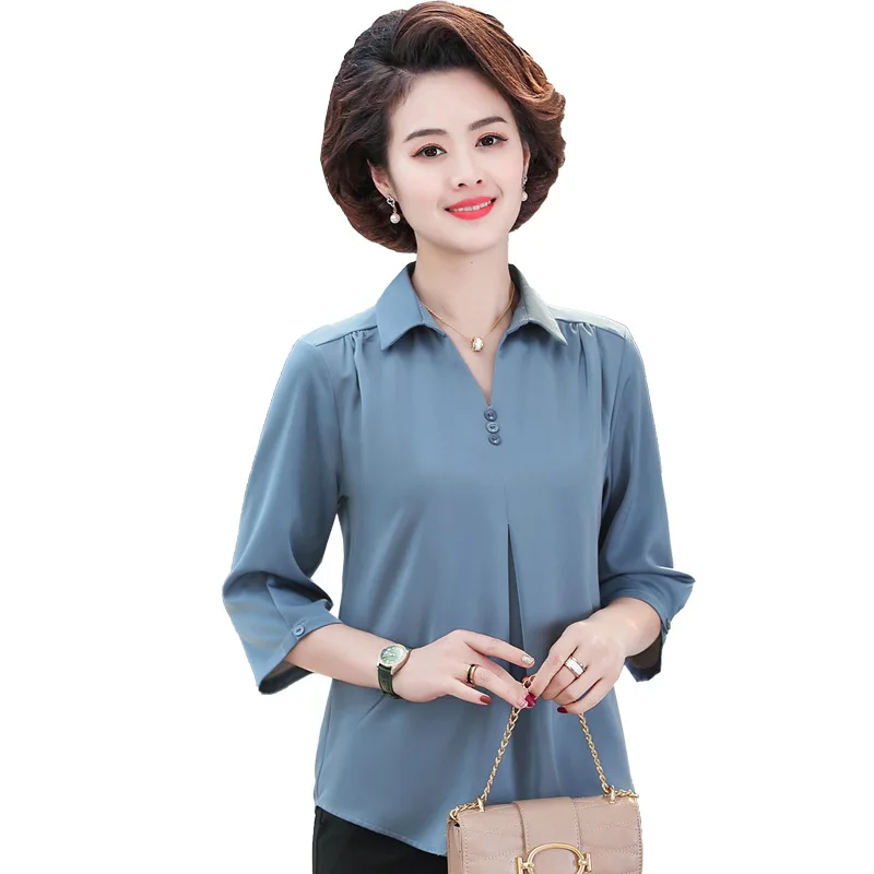 

2021 блузка из искусственного шелка, Женская Повседневная Весенняя Свободная рубашка среднего возраста, Женские топы и блузки, пуловер, женская модель 4XL