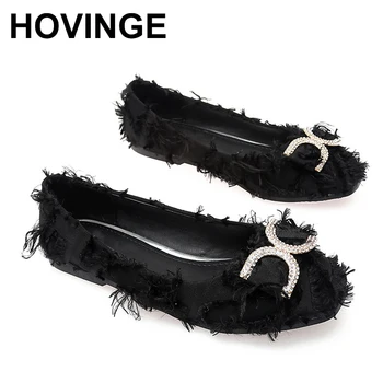 

HOVINGE 2020 Autumn New Luxury Women Designer Fushia Crystal Flats Spring Lady Rhinestone Ballerina Flats Plus Size Party korea