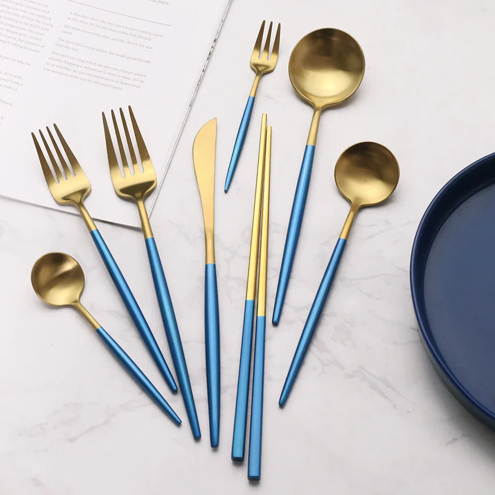 Z Brushed Sanding Portugal Knife And Fork Spoon Chopsticks 304 Stainless Steel Western Tableware Blue Gold Spoon Fork Customizab