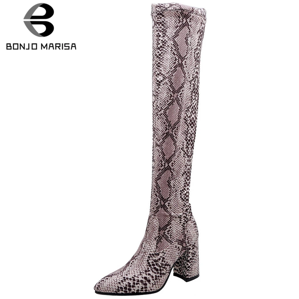 

BONJOMARISA Brand New 32-42 Ladies Chunky Heels Pointed Toe Thigh High Boots Shoes Woman Over The Knee Boots Women Snake Veins