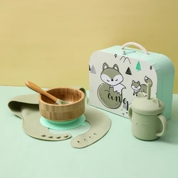 Baby Feeding Plate Set With Exquisite Box Bamboo Wooden Bowl&Spoon Silicone Bib Children's Tableware Anti-hot Training Plate