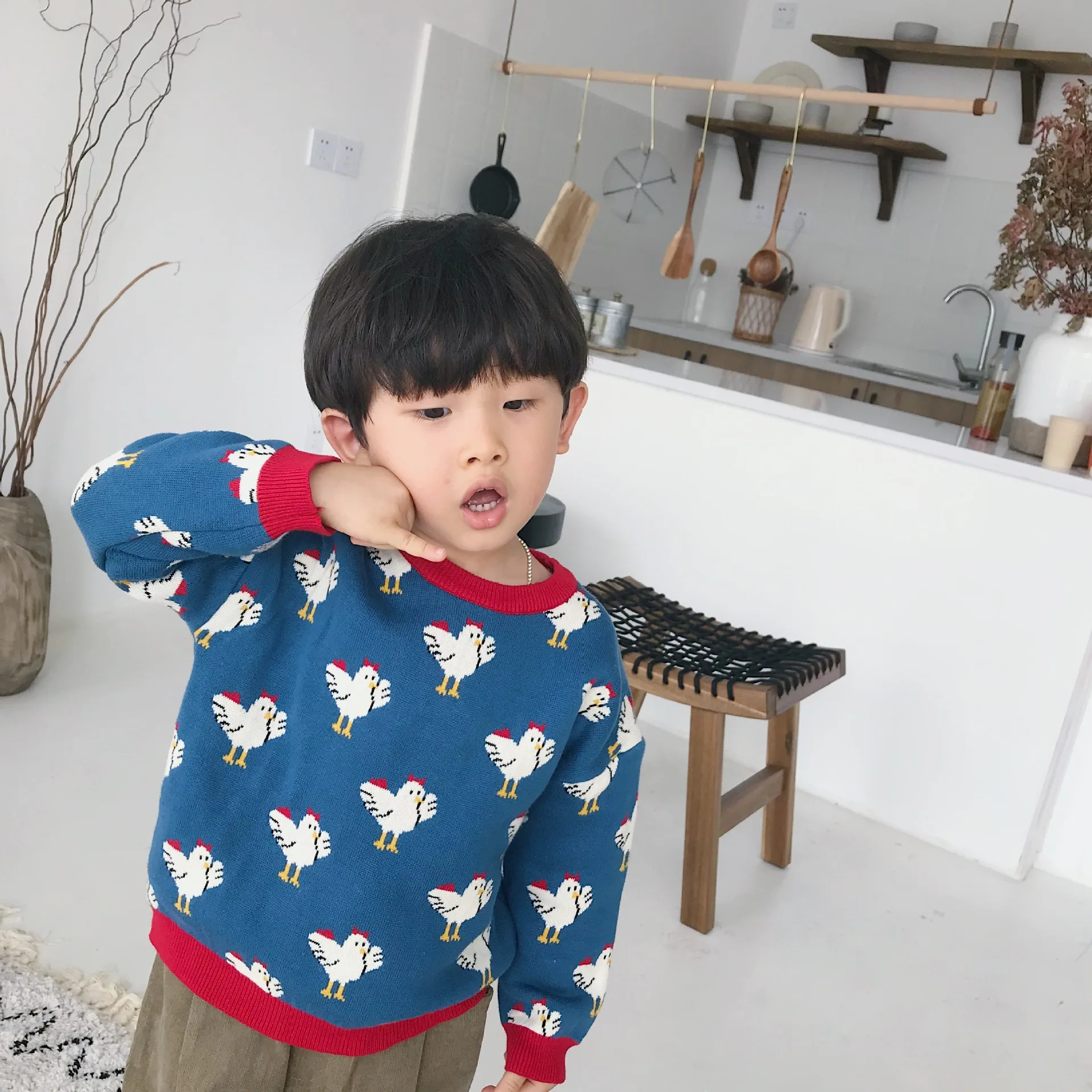 Tonytaobaby/осенне-зимняя одежда; Новинка; детская одежда для малышей; свитера; хлопковые свитера с рисунком цыпленка синего цвета
