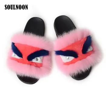 

Cute Women Furry Slippers Soft PVC Sole Home Slides Real Fox Fur Slippers Female Fluffy Flip Flops Fashion Casual Plush Shoes