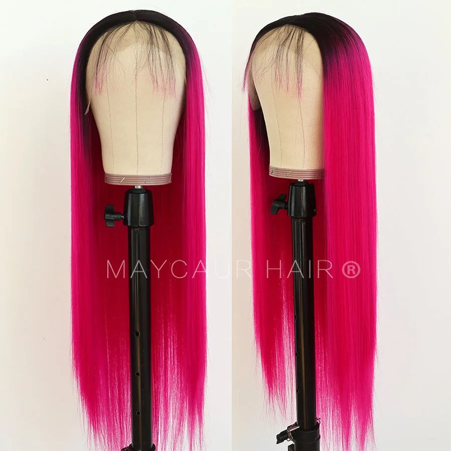 Maycaur Red Black Rose Red Color Long Straight Lace Front Wigs Heat Resistant Glueless Synthetic Hair Wigs for Women (1)