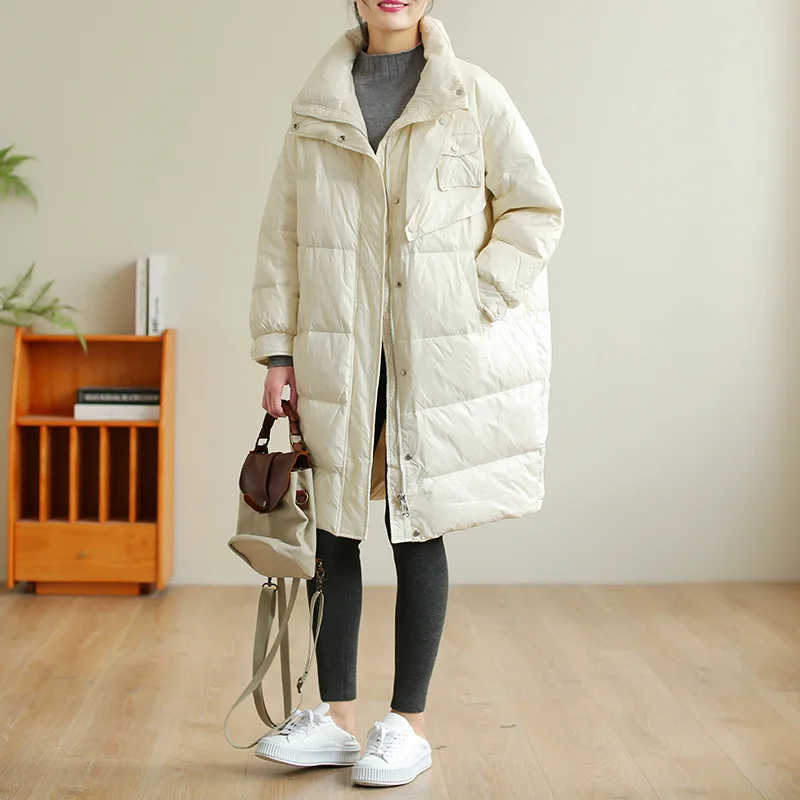 Glossy Mid-length White Duck Down Jacket Women's Loose and Versatile Warm Jacket for Winter 2021