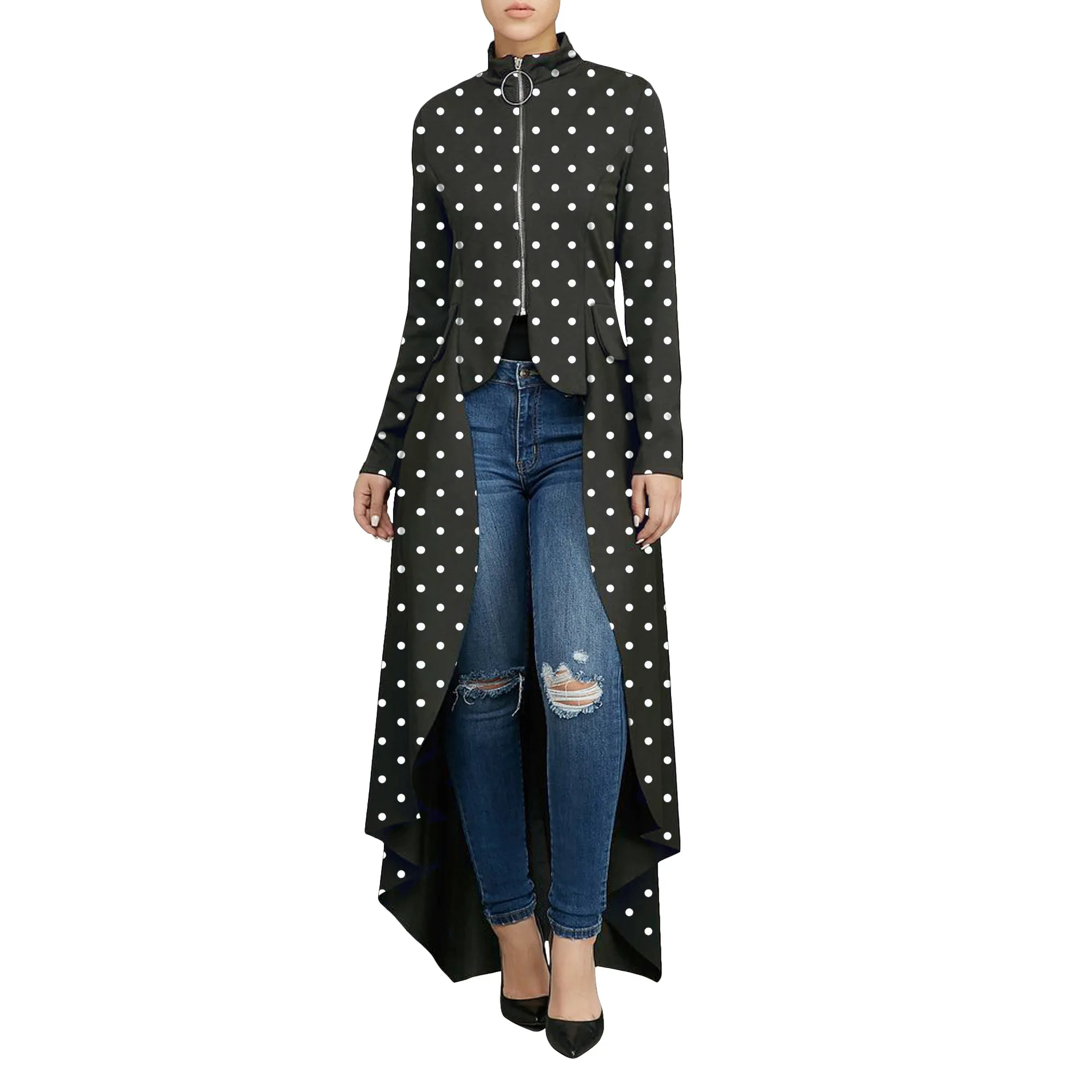 Spring And Summer New Style Hot Selling Long Sleeve High Collar Slim Fit Zipper Long Skirts Fake Pocket Irregular Dress