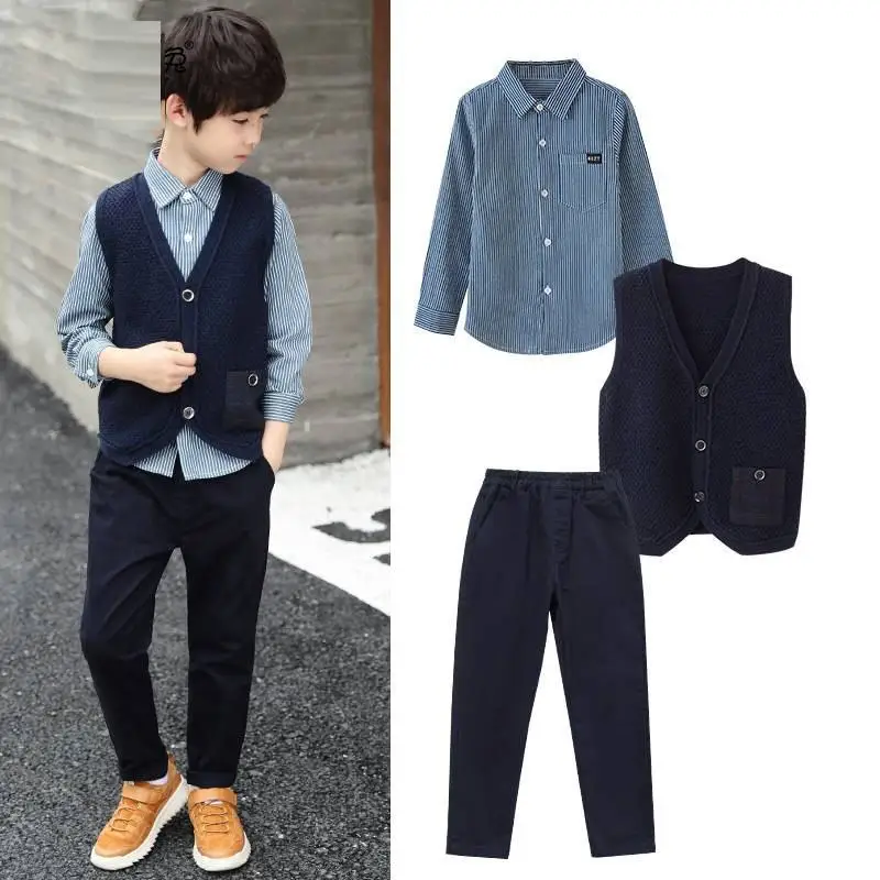 

2019 Spring Autumn New Children Boys Cotton Casual Clothing Kids Boys Cardigans Vest + Striped Shirt + Long Leggings Sets F136