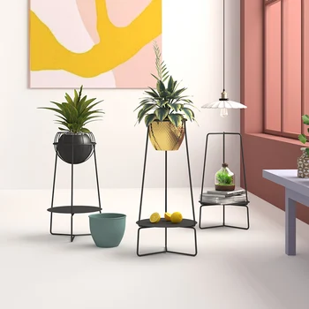 

Hammered texture Nordic living room flower rack indoor simple wrought iron floor shelf handle design creative metal flowerpot sh