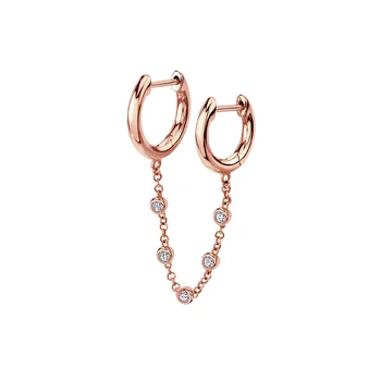 

LOZRUNVE Turkish Jewelry Sterling Silver CZ Stone Double Piercing Chain Connected Thin Hoop Earring 925