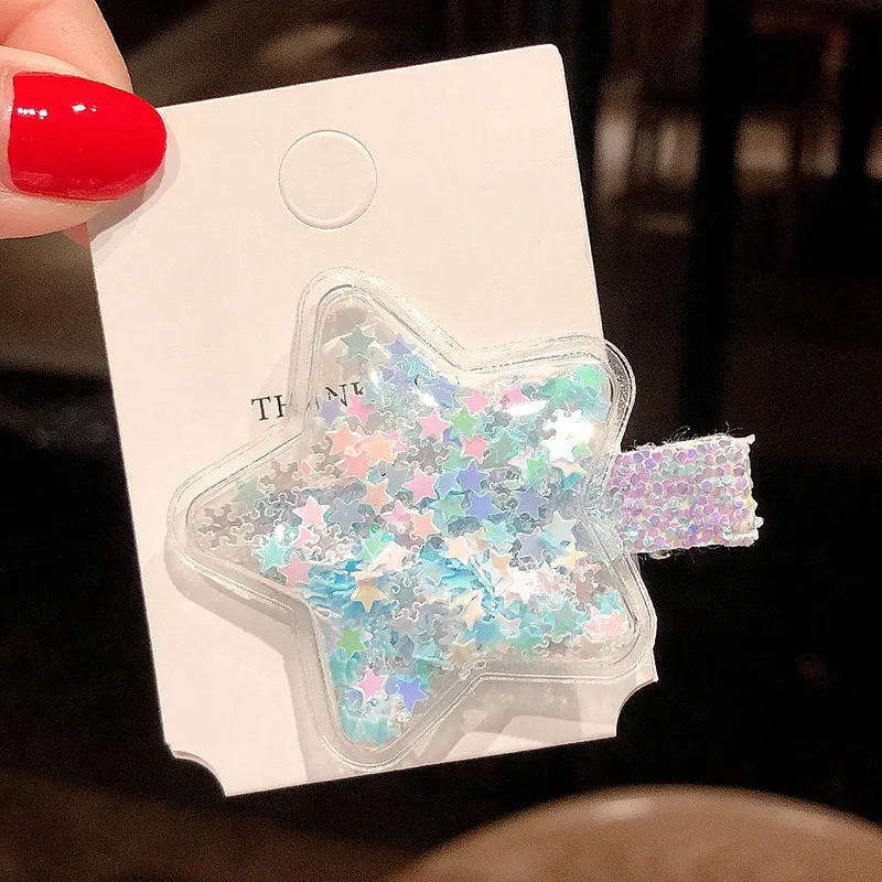 Star blue star Cute Children Hair Clips Transparent Shiny Sequins Hairpins Stars Heart Geometric Barrettes Hairgrips Girls Princess Headwear - Цвет: Star blue star