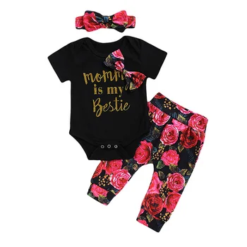 

Dropship Baby Girls Flower Bow Romper+Long Pants+Headband Suit Summer Cute Letter Print Clothing Set Infant Girl Cotton Clothes