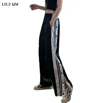 

2020 Women Joggers Sweatpants Casual Wide Leg Pants Women Stripe Hip Hop Sweat Pants Streetwear Women Button Trousers Vintage