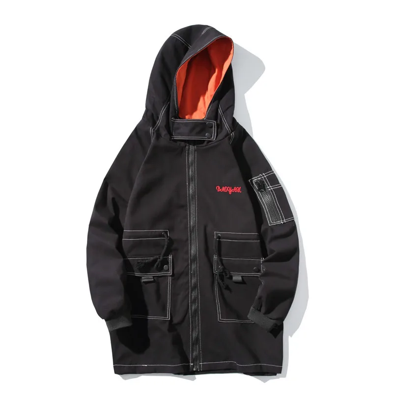 

2019 Autumn And Winter Men's New Casual Solid Color Letter Print Pocket Decorative Jacket Loose Temperament Cotton Long Section