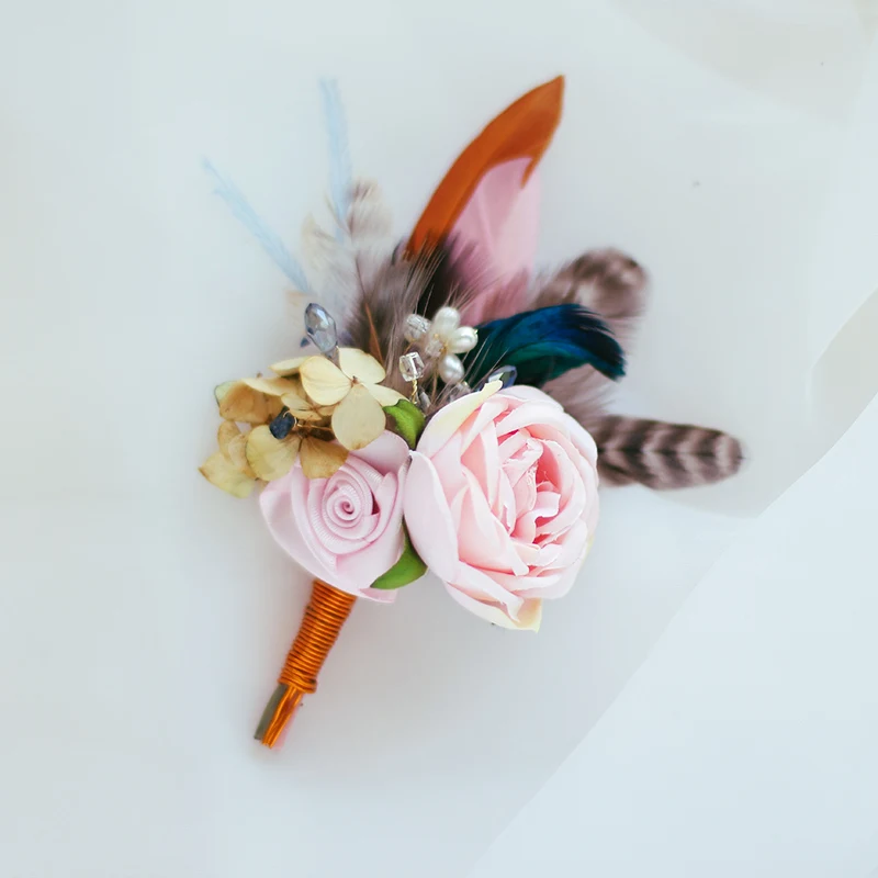 pink brooch Pink rose bouquet Feather Flower bouquet wedding Bride Bridal Artificial Flowers Handmade decoration bouquets - Цвет: pink brooch