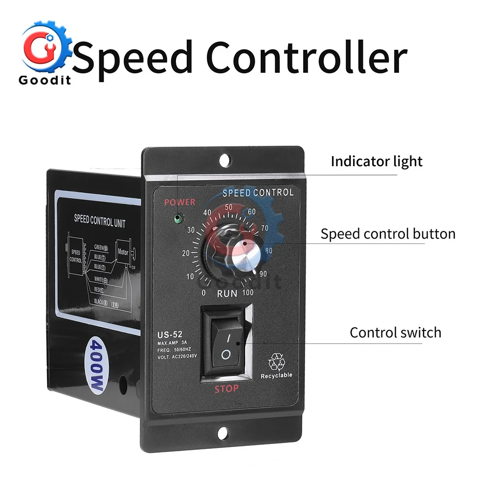 AC 400W 220V US-52 Motor Speed Controller Speed Pinpoint Regulator Forward and Backward 50Hz 60Hz Mini Motor Control Unit