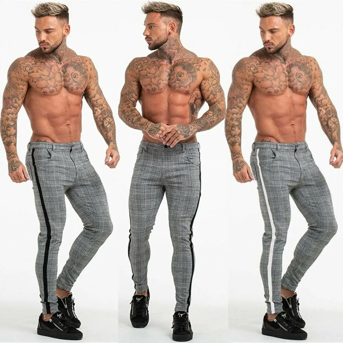 

Mens Slim Fit Trousers Trainning & Exercise Pants Check Casual Pants Joggers Tartan Jogging Skinny Bottoms