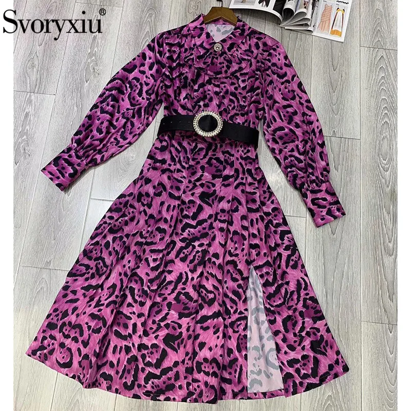 

Svoryxiu Vintage Leopard Print Split Dress Women's Fashion Lantern Sleeve luxury Diamond Sashes Summer Designer Midi Dress