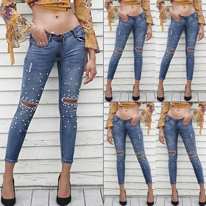 

2019 Hot Women Ripped Je ans Denim Pencil Pants Pearls Hole Demin Pants High Waist Stretch Trousers Jeggings джинсы женские