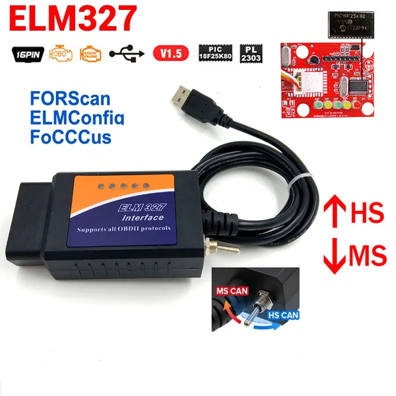 Elm 327 Usb Ftdi Con Switch Code Scanner Forscan Elmconfig Hs Can /Ms Can V1.5 Strumento Diagnostico Obd2 Per Auto Elm327 Usb Ftdi Scanner