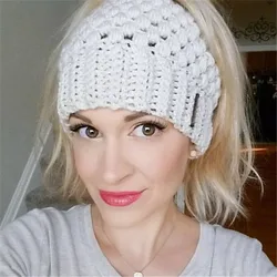Women's Knitted Hats Women Ponytail Hat Fashionable Empty Top Hat with Warm Ear Protection Woolen Cap 2020 New Fashion All-match
