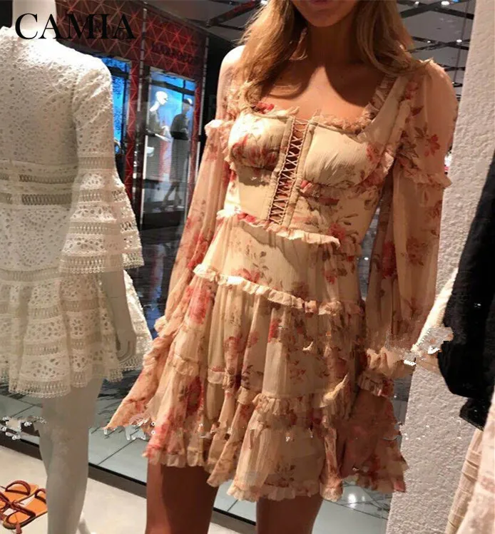 

CAMIA Runway Designer Women Dress Vinatge Long Sleeve Ruffles Floral Printed Chiffon Dress For 2019 Autumn fashion woman