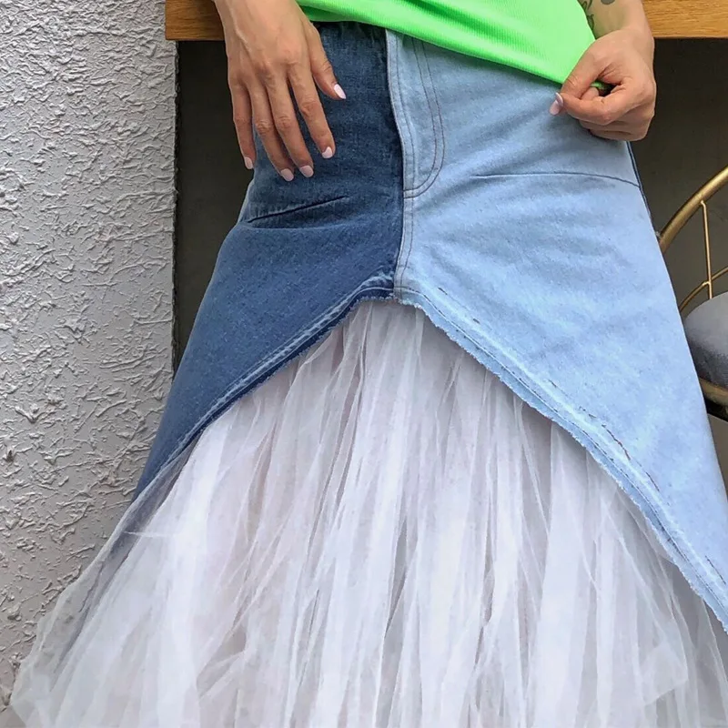 MIAOQINGCasualnetfabricpatchworkwomensdresshighwaistedcolorcontrastdenimirregularmediumlengthskirtwomensfashion2019summernewstyl