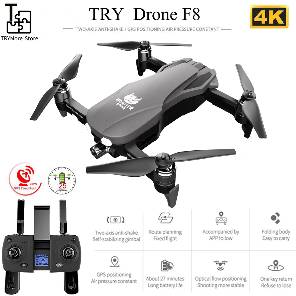 

Rc Quadcopter F8 Drone 2-axis Self-stabilizing Gimbal 4k Hd Camera Folding Aerial Drone 5g Wifi Real-time Image Transmission
