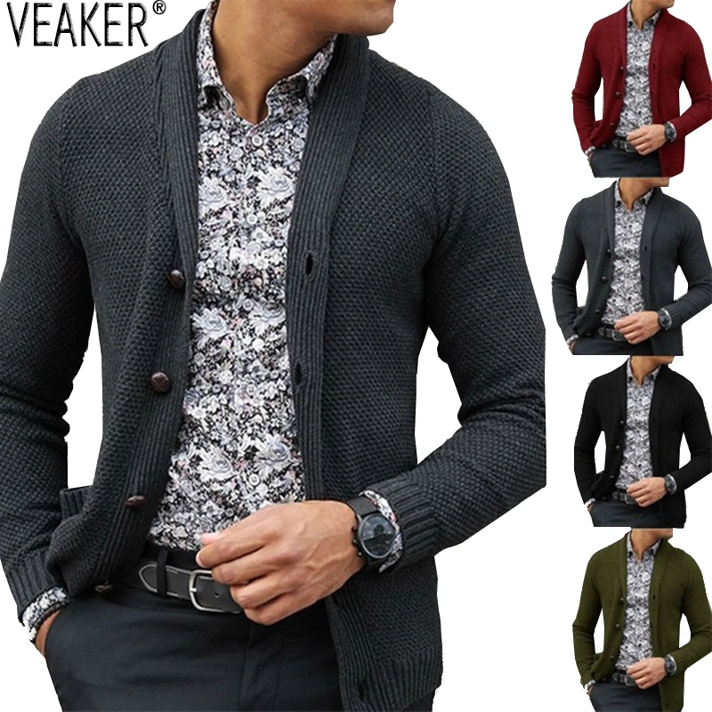 

2023 Men's Slim Fit turn-down collar Cardigan Outerwear Male Solid Color Knitted Cardigans