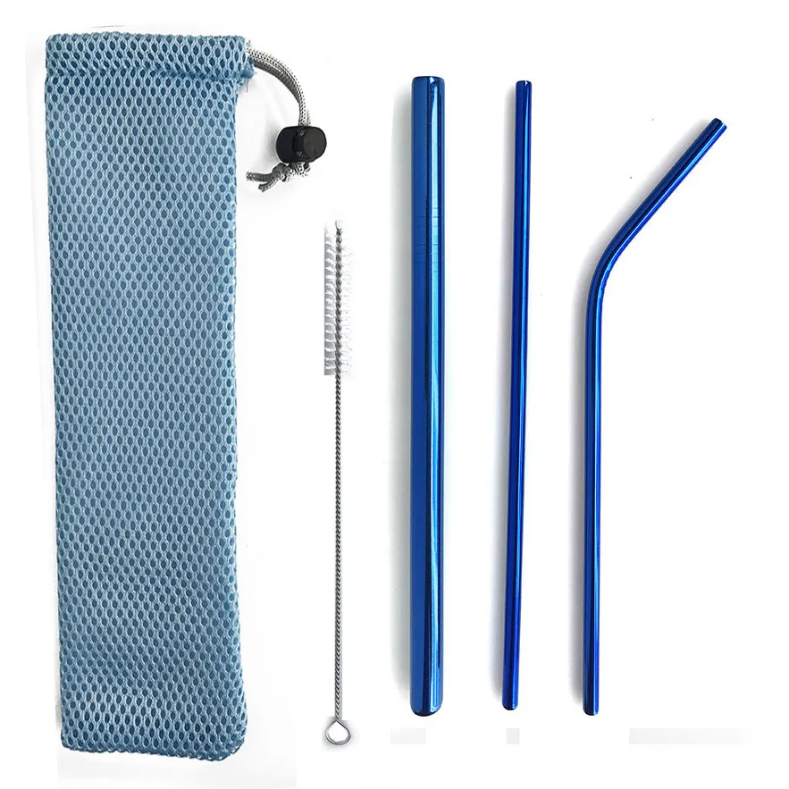 Набор складной соломы из нержавеющей стали, многоразовая телескопическая соломинка для питья, портативная соломинка для путешествий, металлическая соломинка для питья - Цвет: metal blue set
