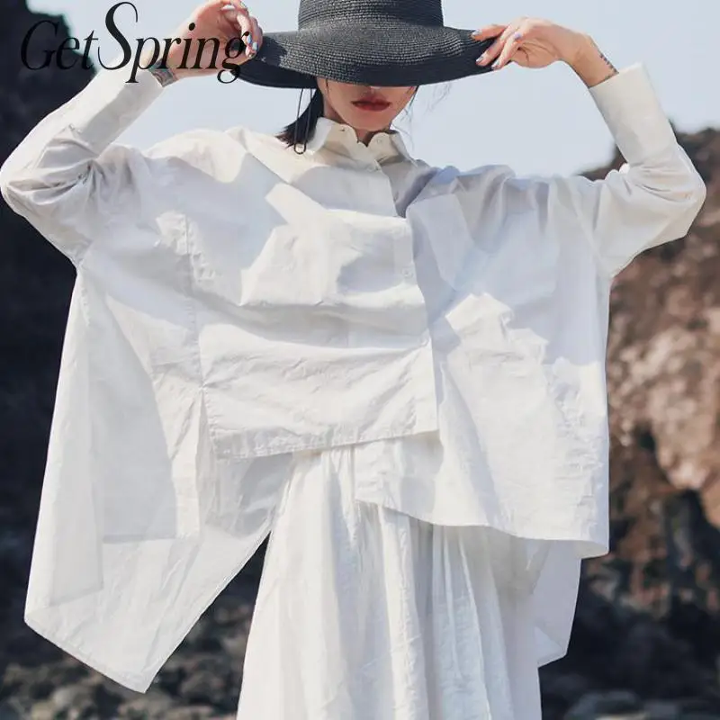 

GETSPRING Women Shirt Long Sleeve Irregular Cotton Womens Tops Blouses Black White Asymmetry Long Plus Size Blouses 2019 New