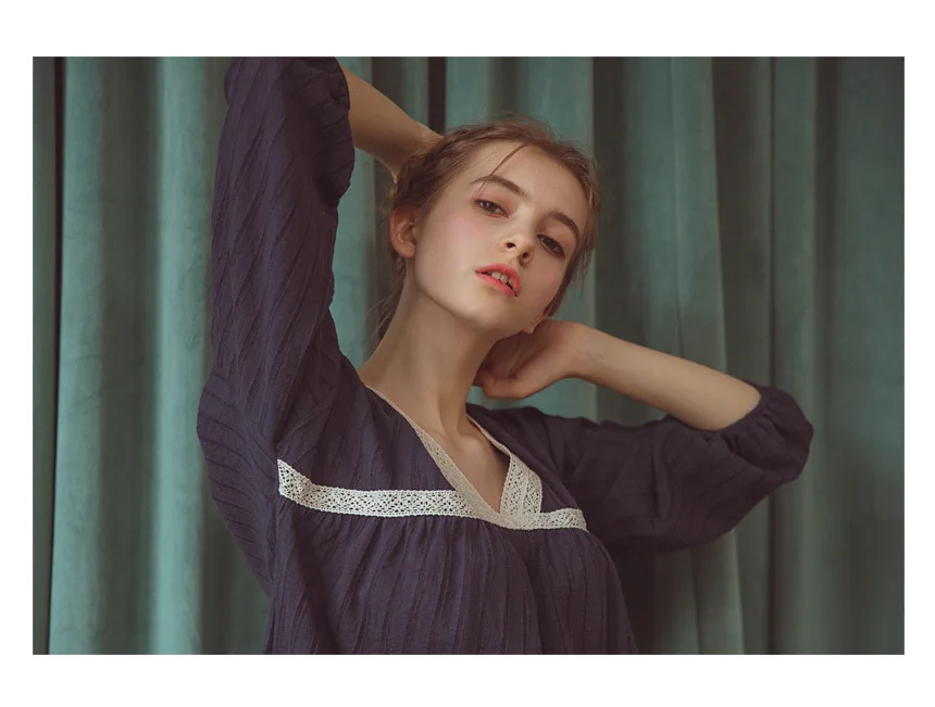 Cotton Palace Style Night Suit Princess Pajama Set Night Wear Women Vintage Navy V-neck Sleep Wear Home Suit Lounge Set