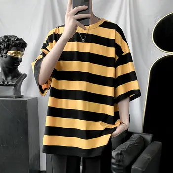 

PCs Ins Style Summer Striped Short-Sleeved T-shirt Men's Korean-Style Students Loose Men's Half-Sleeve Shirt Couple's Clothes