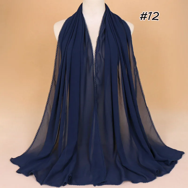 12 navy blue Женский шифоновый шарф с кружевными краями, мусульманский хиджаб, Весенняя флористическая накидка, шали, обычная длинная повязка на голову, женские шарфы из пашмины - Цвет: 12 navy blue