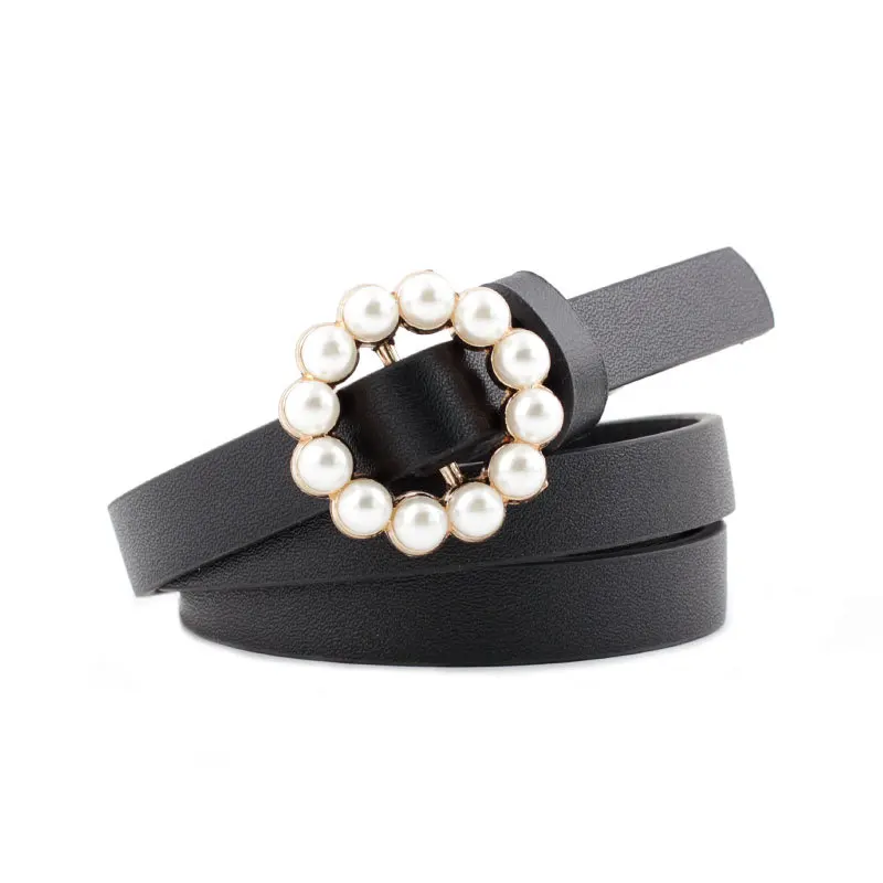 

Fashion Pearl Decorative Belt Ladies Belt Round Pin Buckle Pearl Belts Women's Casual Solid PU Leather Thin Belt ceinture femme