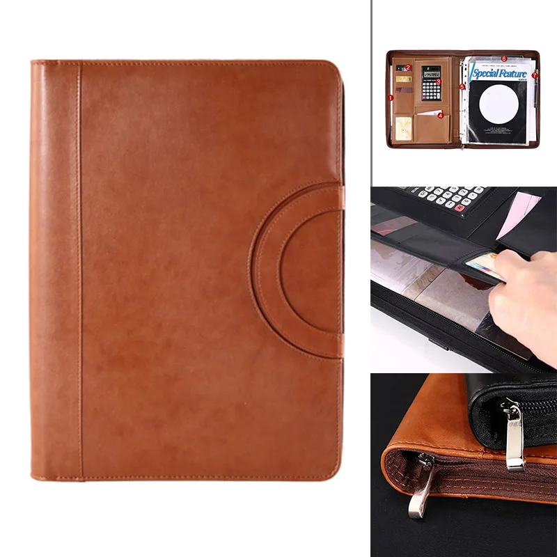 

A4 Multifunctional Notebook Folder PU Leather Cover Zipper Bag for Notebook Business Travel
