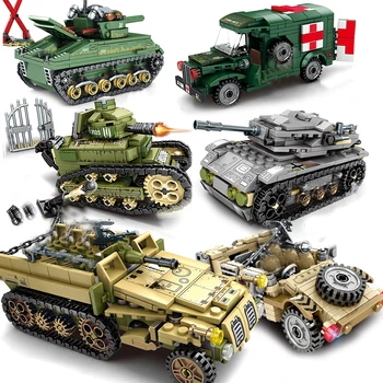 

WW2 Military Vehicles Armored Car German Tank Panzer Medical Truck Compatible Soldiers Figures Model Building Blocks Toys