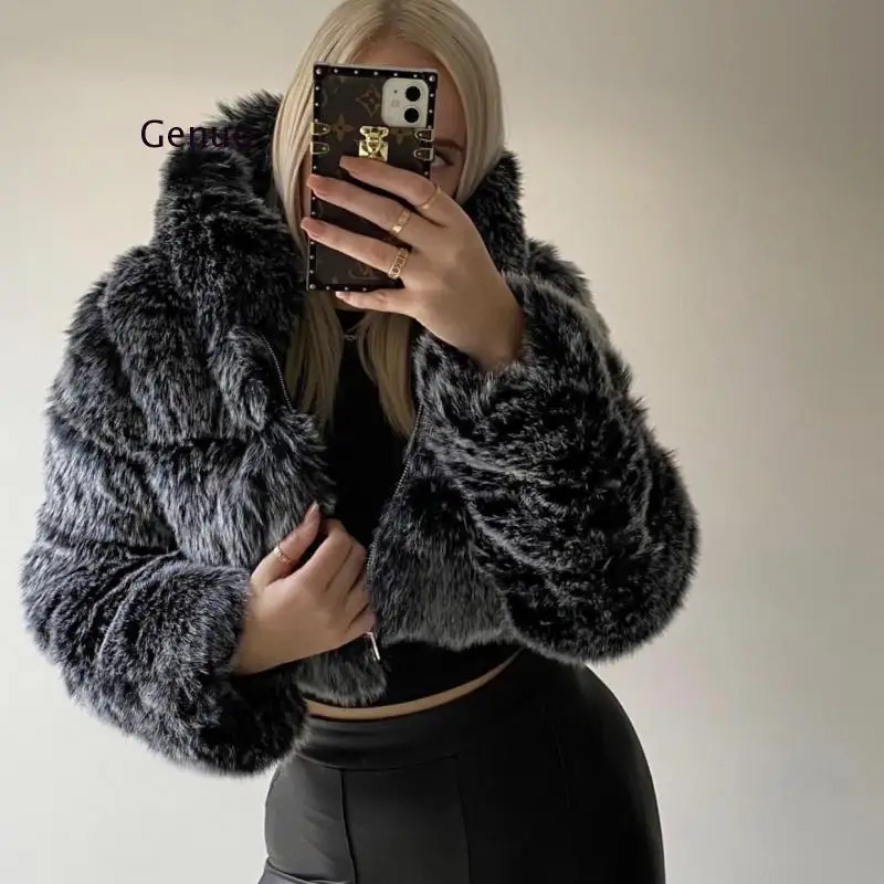 High Quality Cropped Fur Faux Fur Coats And Jackets Women Fluffy Top Coat With Hood Winter Fur Jacket Coat Female 2020 New