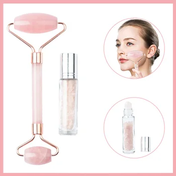 

Pink Natural Rose Quartz Jade Roller Gua Sha Board Massager Face Lifting Tool Facial Guasha Massage Gemstone Bottle Kit