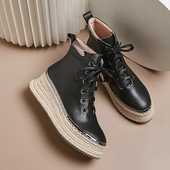 

Women's genuine leather lace-up platfrom flats ankle boots leisure punk autumn short martin boots thick sole comfortable shoes