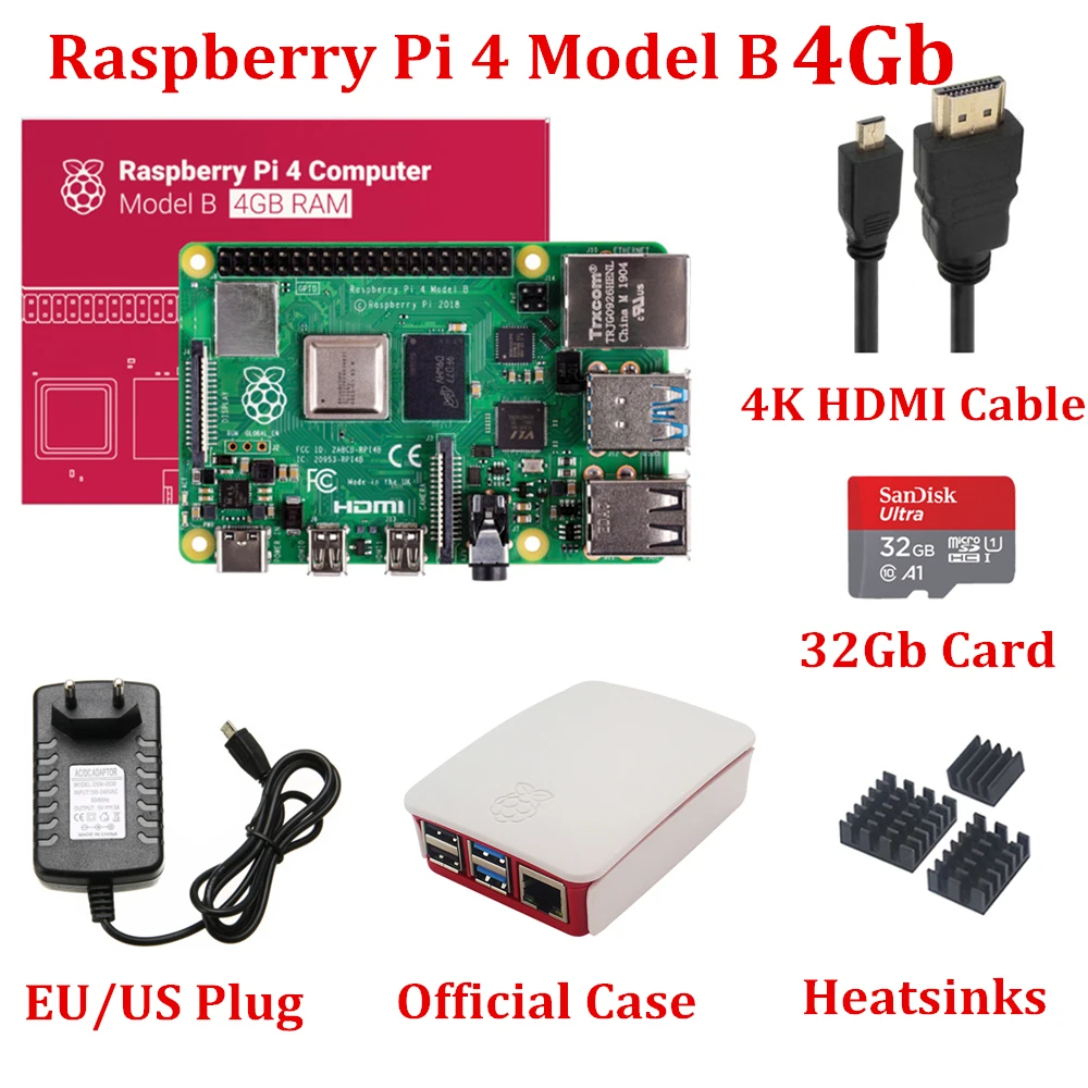 Raspberry Pi 4 Модель B 4 Гб ОЗУ с официальным Raspberry Pi чехол 32 Гб карты радиаторы 4 к HDMI кабель 5V3A источник питания для RPi 4