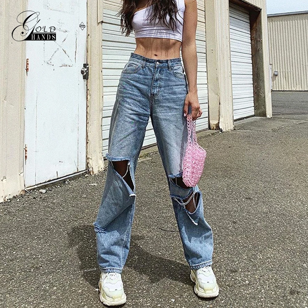 Gold Hands Hole Blue Black Denim Jeans Women Korean Style High Waist Loose Ripped Jeans Streetwear Fashion Pockets Harem Pants