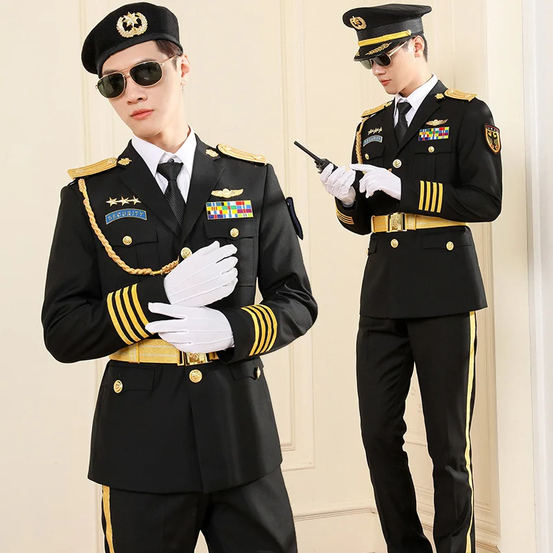 Мужская мода бренд класса «Люкс» безопасности пилот капитанская форма костюм костюмы черный тренд Стиль военный костюм комплект с подарками