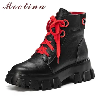 

Meotina Winter Ankle Boots Women Natural Genuine Leather Thick High Heel Short Boots Zipper Round Toe Shoes Lady Fall Size 34-39