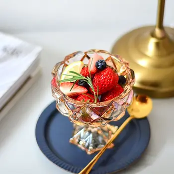 

Salad Bowl Glass for Dessert Mill Shake Goblet Glass Embossed Ice Cream Cup European Creative Salad Plates 280ml Home Used