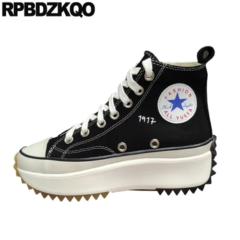 

Lace Up Ankle Women White Platform Boots Canvas Casual High Heel Winter Elevator Sneakers Booties Muffin Flatform Black Shoes