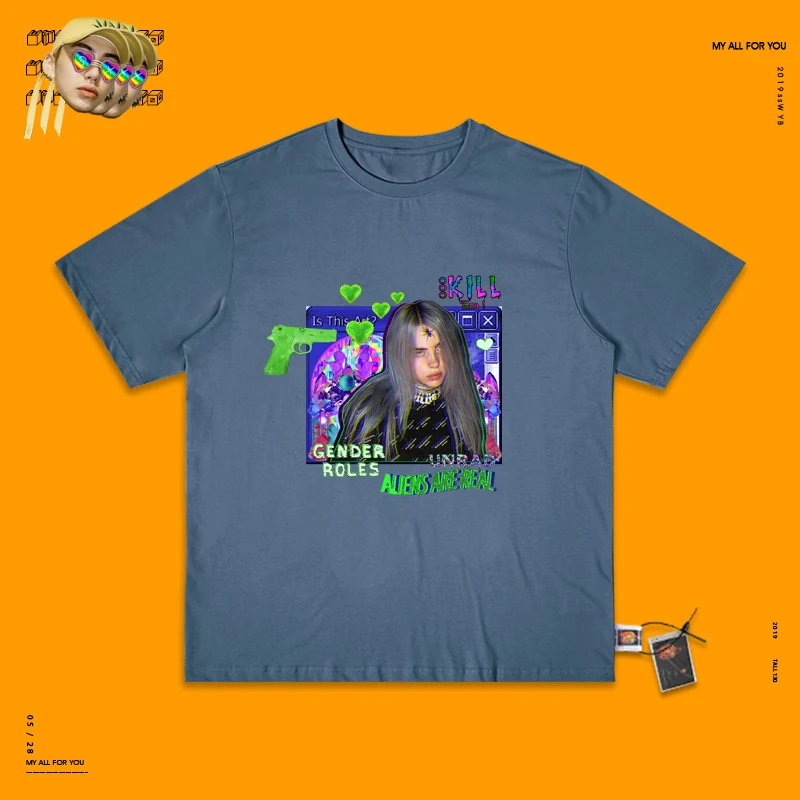 Exceed Fire Billie Eilish портретный дизайн пирус груша пара волна стиль короткий Половина рукава футболка Cec