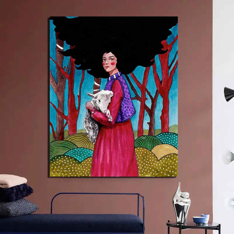 

Nordic Poster Holding A Sheep Girl Cuadros Canvas Painting Print Living Room Home Decoration Modern Wall Art Oil Painting Poster