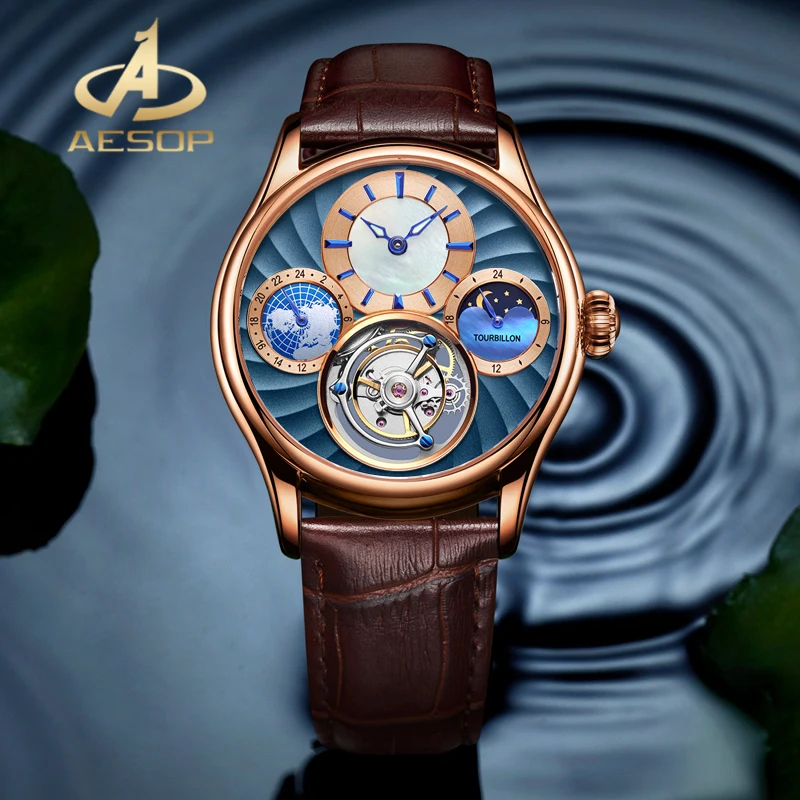 AESOP розовое золото чехол Луна фазы многофункциональные механические часы