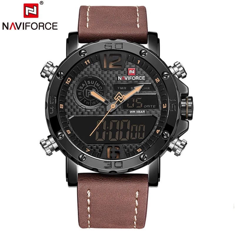 Black Yellow Brown NAVIFORCE Топ люксовый бренд Мужские часы Мужские кожаные спортивные часы мужские кварцевые часы водонепроницаемые военные наручные часы Relogio Masculino - Цвет: Black Yellow Brown
