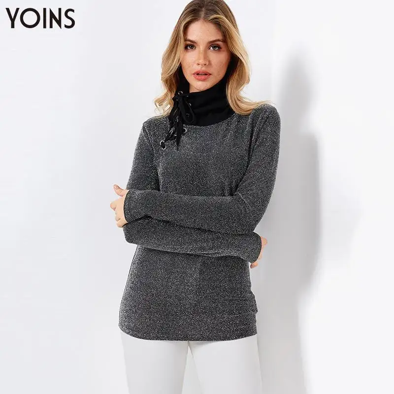 YOINS, осенне-зимние женские блузки, черные, облегающие, самозавязывающиеся, с дымоходным воротником, с длинным рукавом, рубашки, блестящие, серебристые, для чтения, блузы